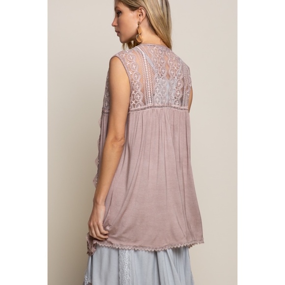 POL Washed Chocolate Brown Rayon & Lace Sleeveless Cardigan Vest - Picture 6 of 7